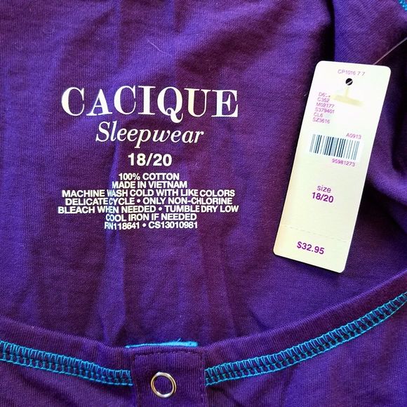 Cacique Sleepwear Purple Turquoise Cotton Nightgown T-Shirt Dress Size 18/20 - Picture 3 of 3
